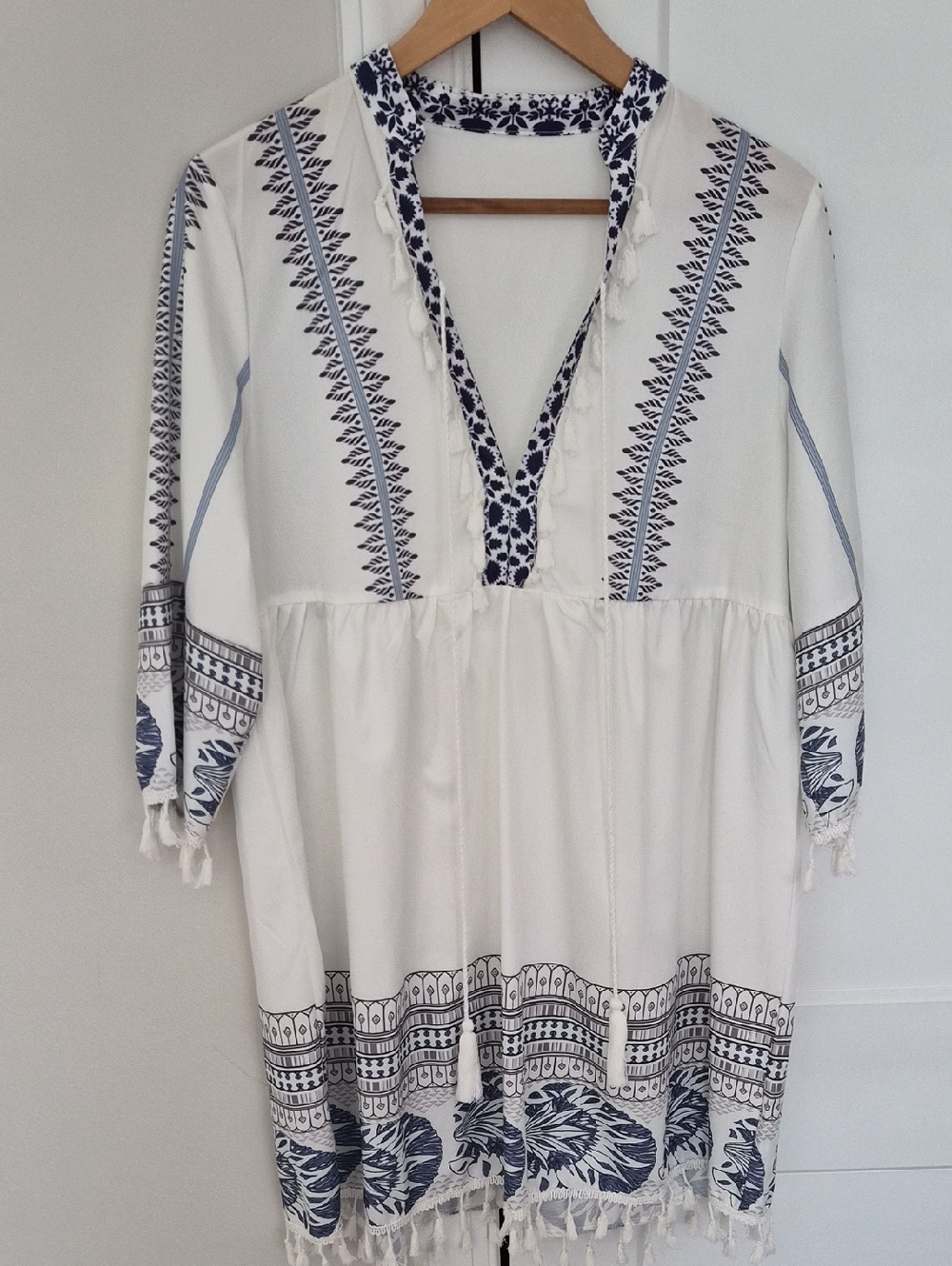 SHEIN White Tunic with Navy Embroidered Print